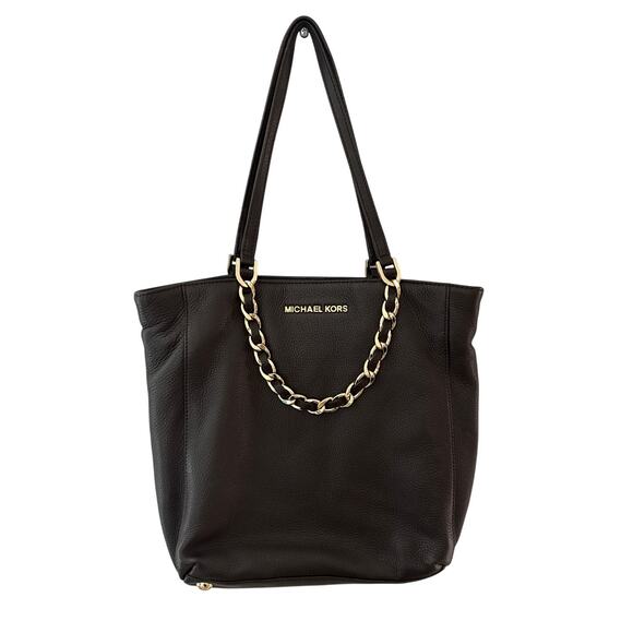Michael Kors Harper Chain Link Soft Pebble Leather Deep Brown/Gold Tote Hand Bag - Picture 1 of 10